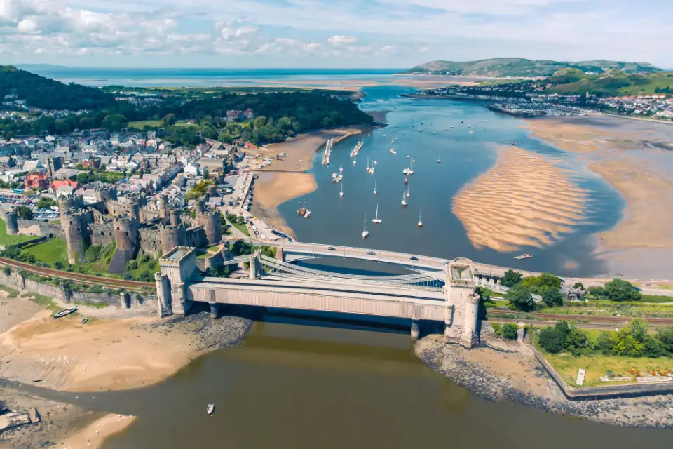 Drone shot of Pembroke Castle in Conwy North Wales, 5 minutes from Pendyffryn Hall Holiday Park