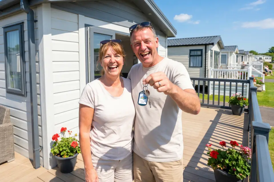 Couple excited holding their static caravan keys outside caravan decking after puchasing with finance options.