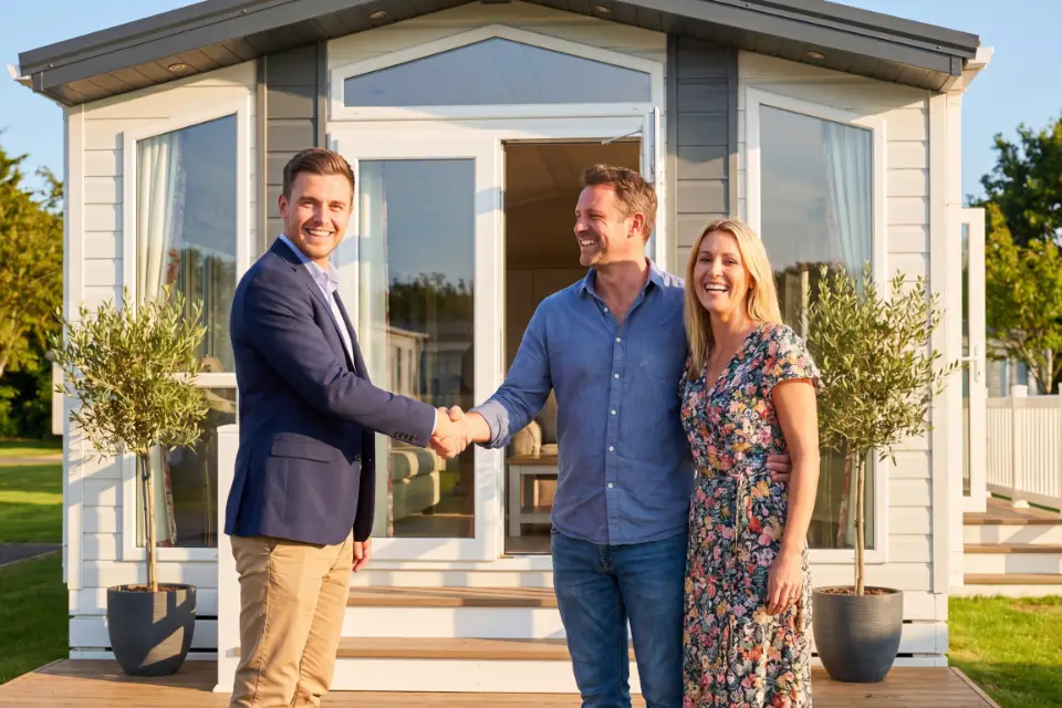 Couple shaking hands with sales advisor after completing their finance static caravan