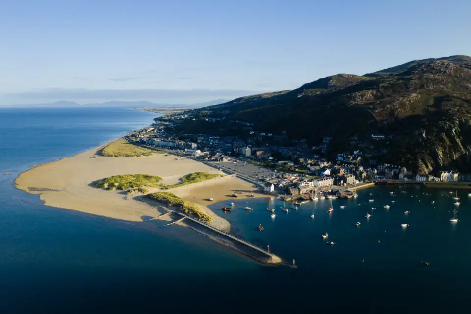 Drone shot over Barmouth Bay great location for touring & camping
